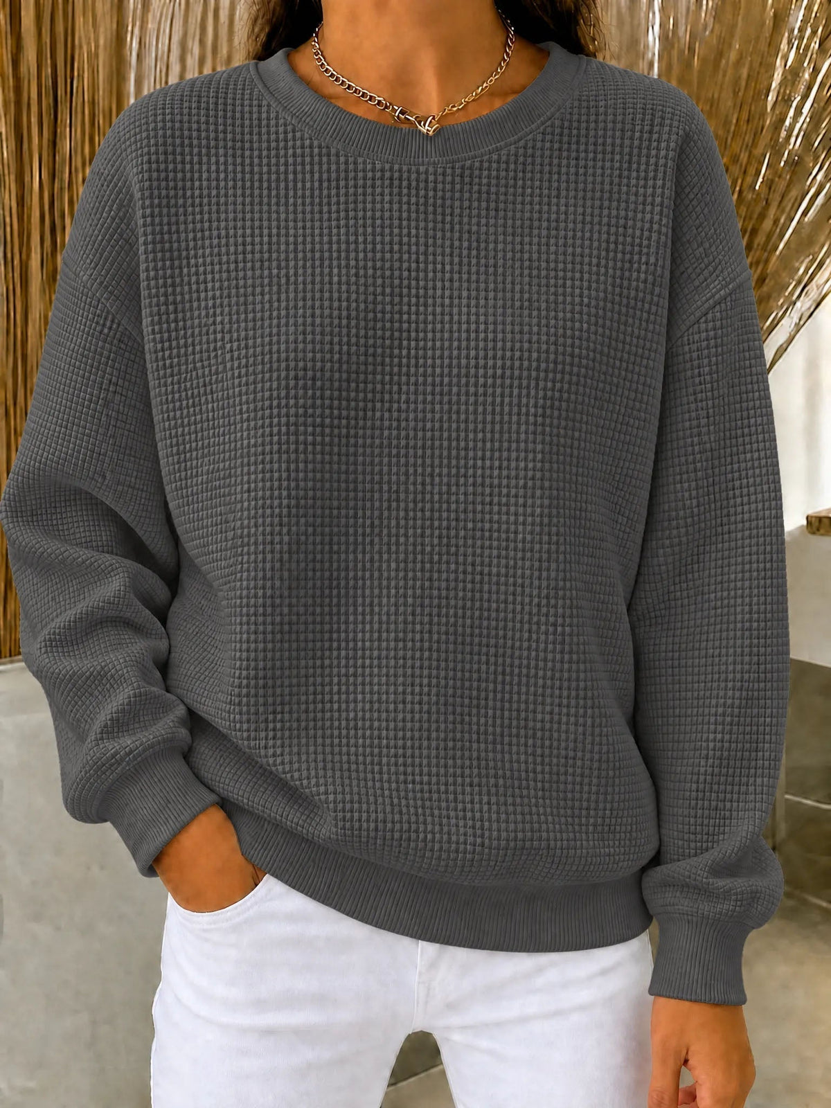 RÄUMUNGSVERKAUF🔥 Damen-Sweatshirt aus Waffelstrick mit Rundhalsausschnitt