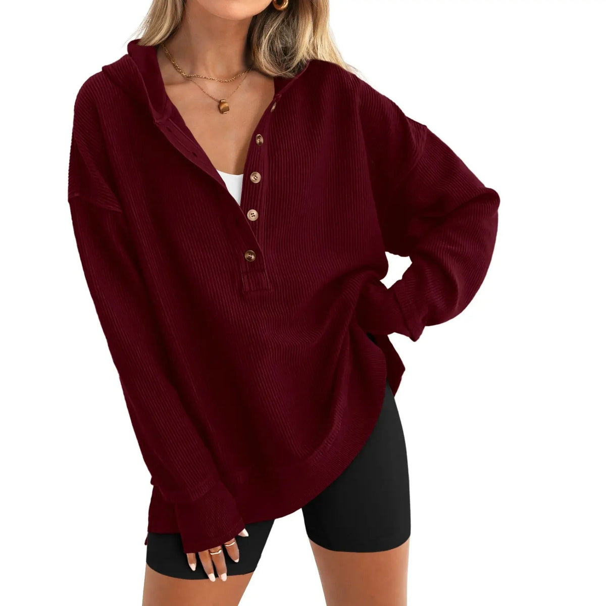 Women’s Oversized V-Neck Hoodie – Relaxed Button Pullover with Side Slits