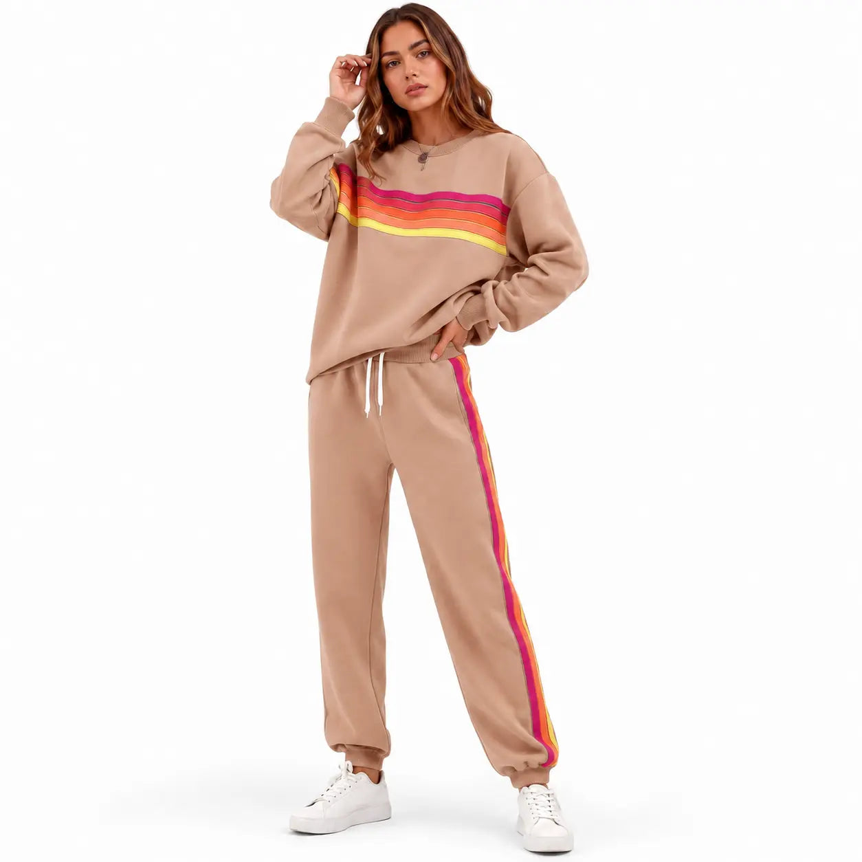 Women’s 2-Piece Loose-Fit Sweatshirt Set – Retro Rainbow Stripe Crewneck Sweatshirt & Casual Track Pants