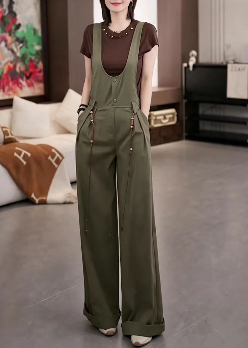 Stylish Army Green U Neck Pockets Overalls Jumpsuit Fall