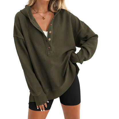 Women’s Oversized V-Neck Hoodie – Relaxed Button Pullover with Side Slits