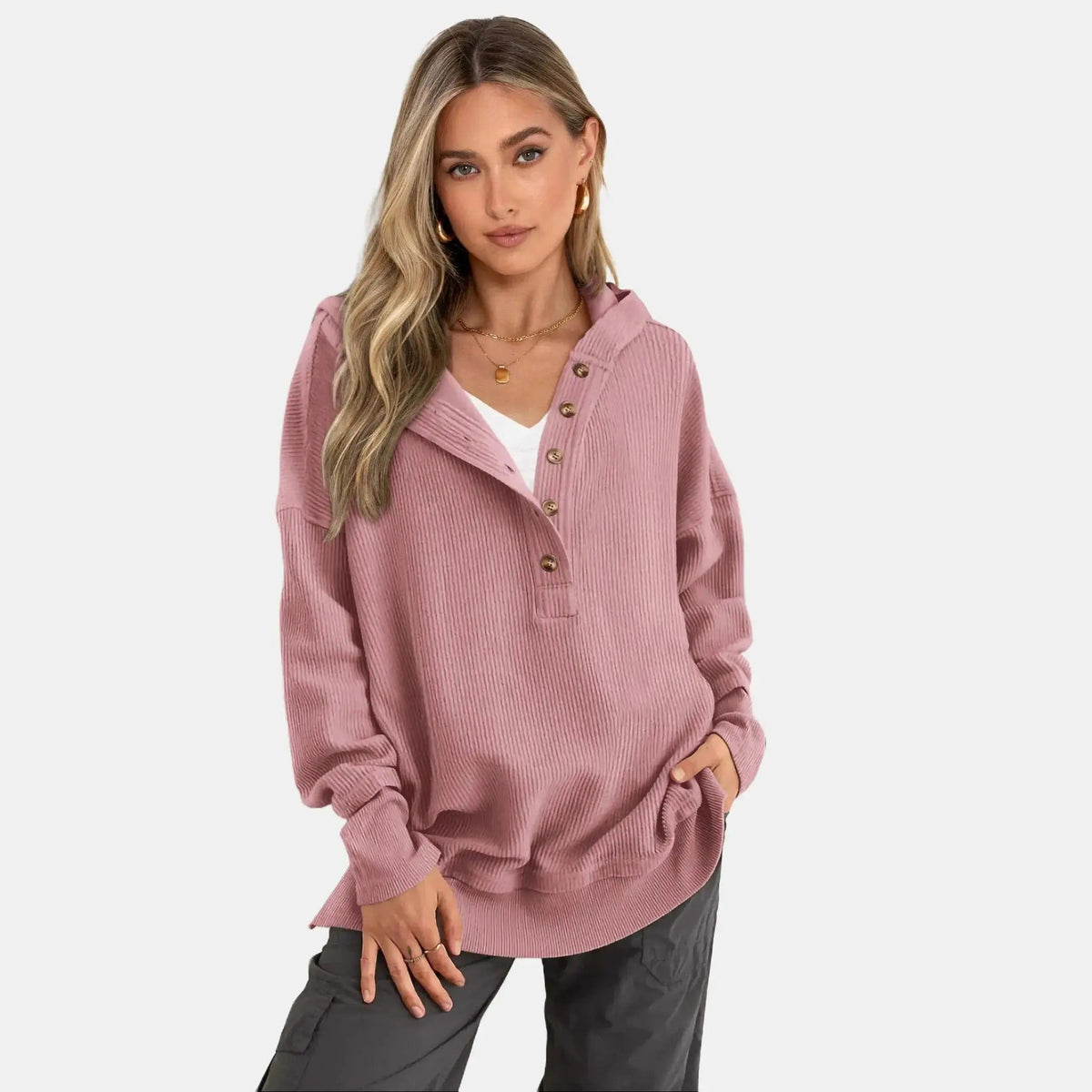 Women’s Oversized V-Neck Hoodie – Relaxed Button Pullover with Side Slits