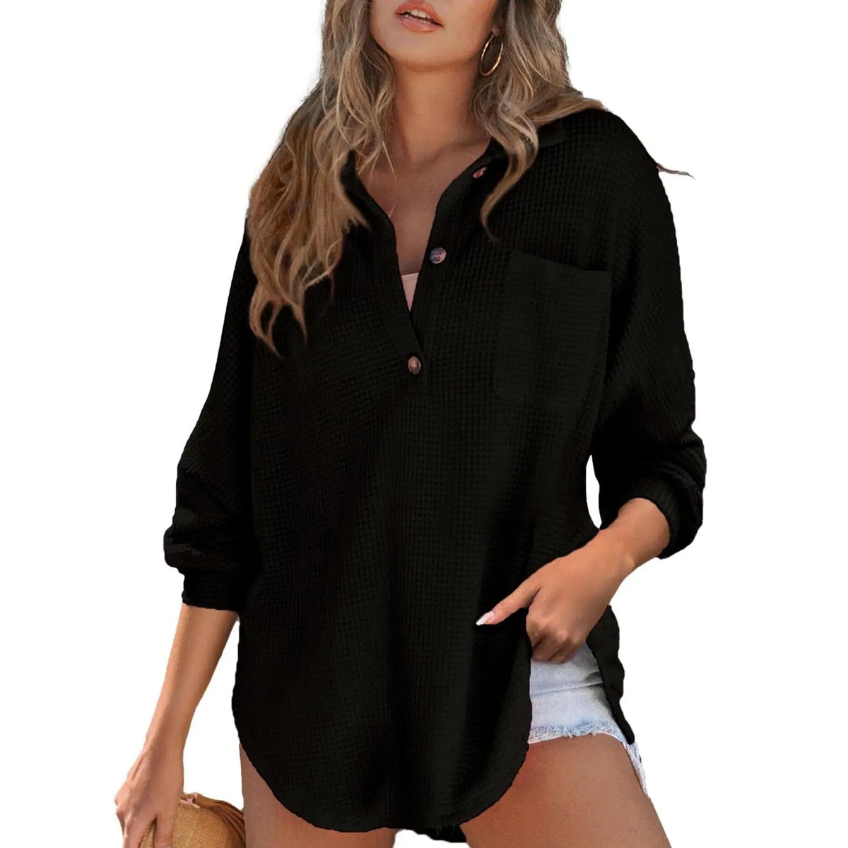 💥Last Day🔥Women's Oversized Waffle Henley Shirt Button V-Neck Long Sleeve Mesh Knit Tunic Blouse