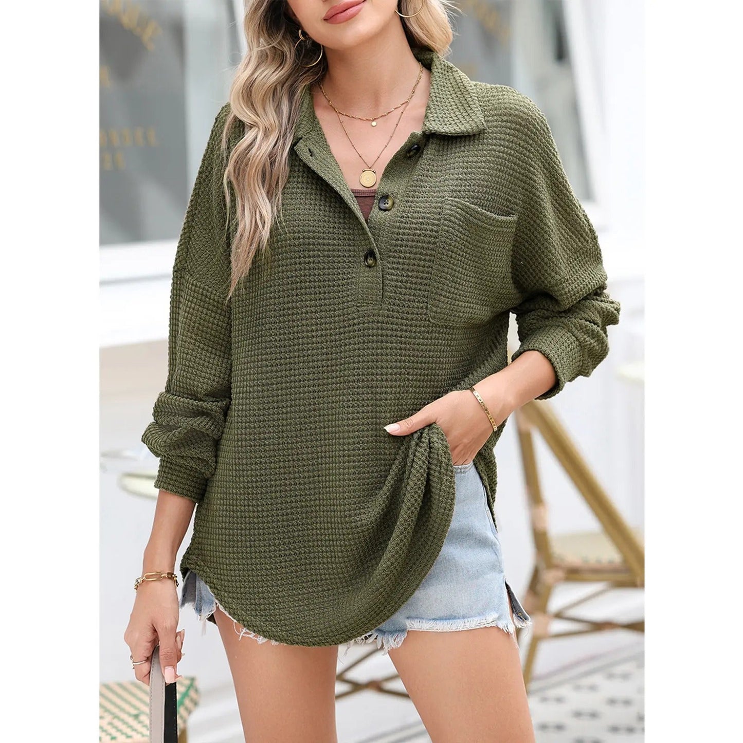 💥Last Day🔥Women's Oversized Waffle Henley Shirt Button V-Neck Long Sleeve Mesh Knit Tunic Blouse