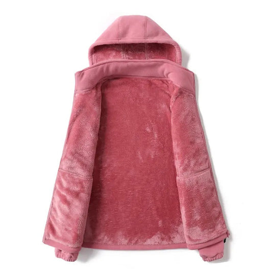 Women's Detachable Hood Fleece Cardigan Jacket, Thick Lined Warm Casual Coat, Stylish Loose Outerwear