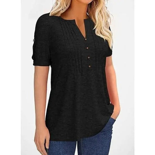 Women’s V Neck T Shirt – Casual Pleated Button Top, Loose Fit Shor