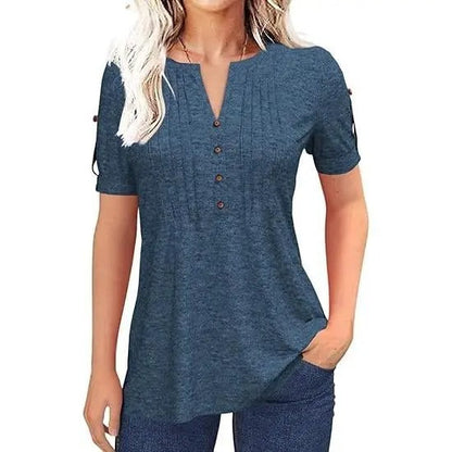 Women’s V Neck T Shirt – Casual Pleated Button Top