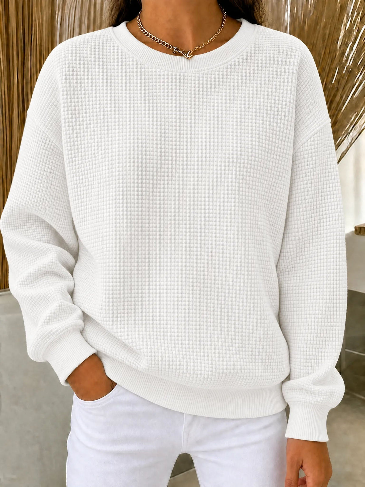 RÄUMUNGSVERKAUF🔥 Damen-Sweatshirt aus Waffelstrick mit Rundhalsausschnitt