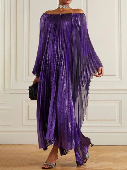 Pleated Batwing Sleeves Off-The-Shoulder Maxi Evening Dresses