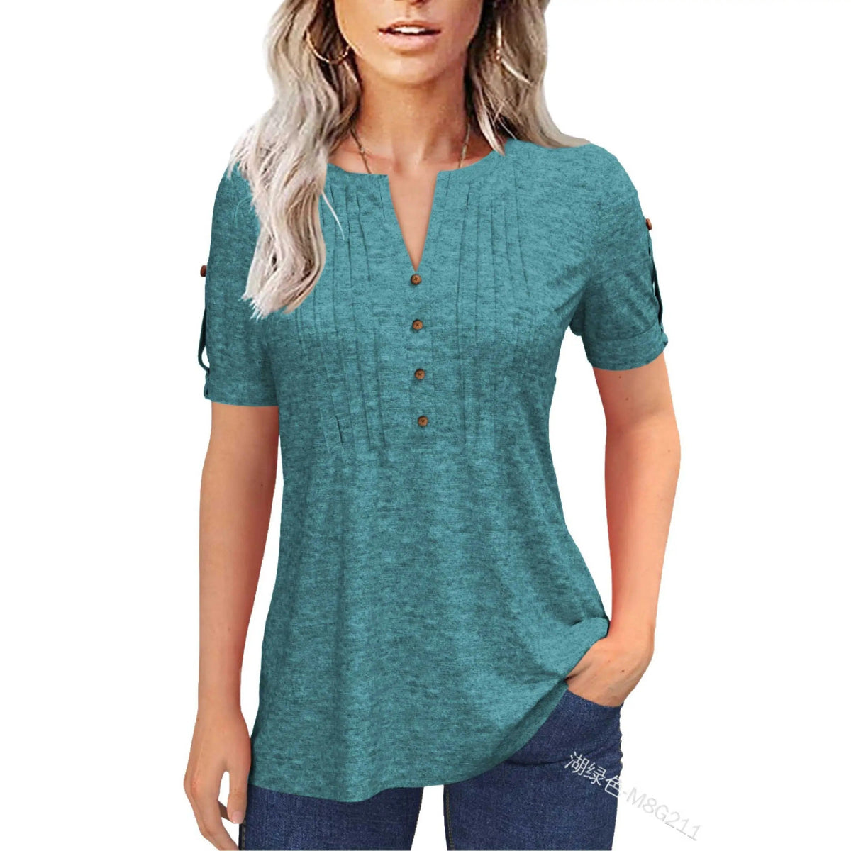 Women’s V Neck T Shirt – Casual Pleated Button Top, Loose Fit Shor