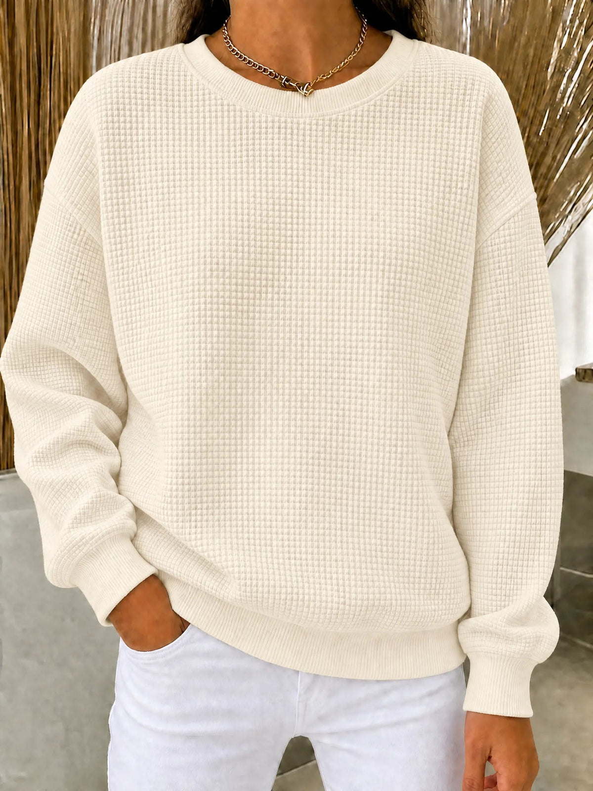 RÄUMUNGSVERKAUF🔥 Damen-Sweatshirt aus Waffelstrick mit Rundhalsausschnitt