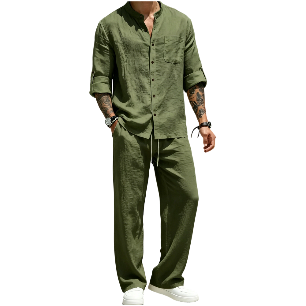 💝💝Men's Linen Stand Collar Long Sleeve Button Shirt & Straight Leg Belted Pants Set