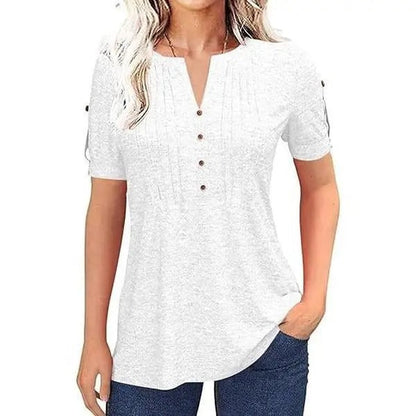 Women’s V Neck T Shirt – Casual Pleated Button Top, Loose Fit Shor