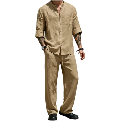 💝💝Men's Linen Stand Collar Long Sleeve Button Shirt & Straight Leg Belted Pants Set