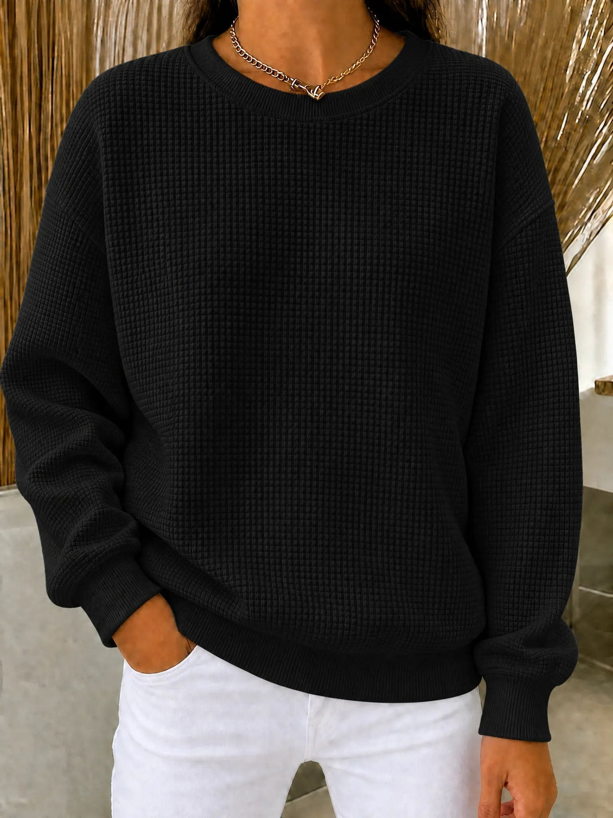 RÄUMUNGSVERKAUF🔥 Damen-Sweatshirt aus Waffelstrick mit Rundhalsausschnitt