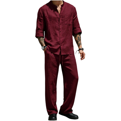 💝💝Men's Linen Stand Collar Long Sleeve Button Shirt & Straight Leg Belted Pants Set