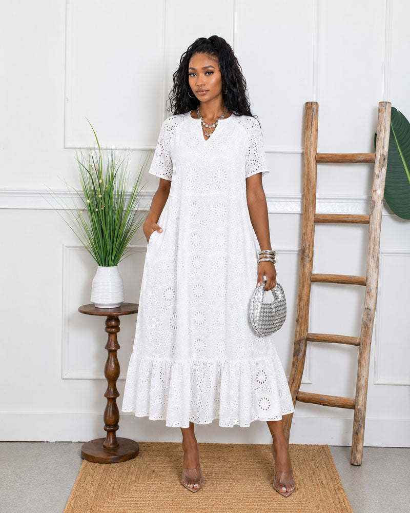 Women's V-Neck Cotton Eyelet Midi Dress
