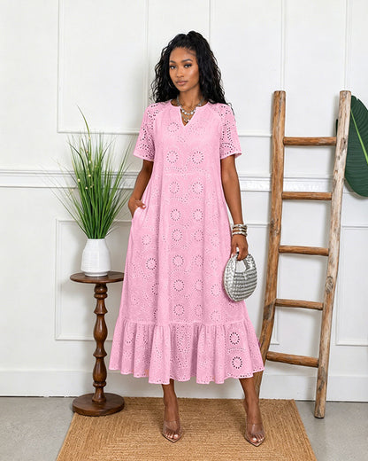 Women's V-Neck Cotton Eyelet Midi Dress