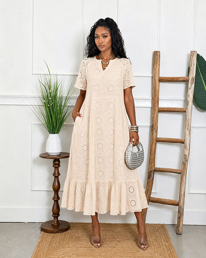 Women's V-Neck Cotton Eyelet Midi Dress