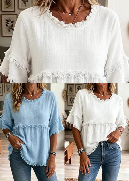 Bohemian Blue O-Neck Cotton Shirt Tops Half sleeve