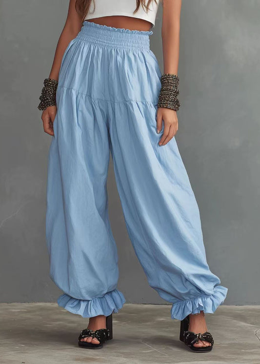 Casual Light Blue Ruffled Lantern Pants Elastic Waist Pants