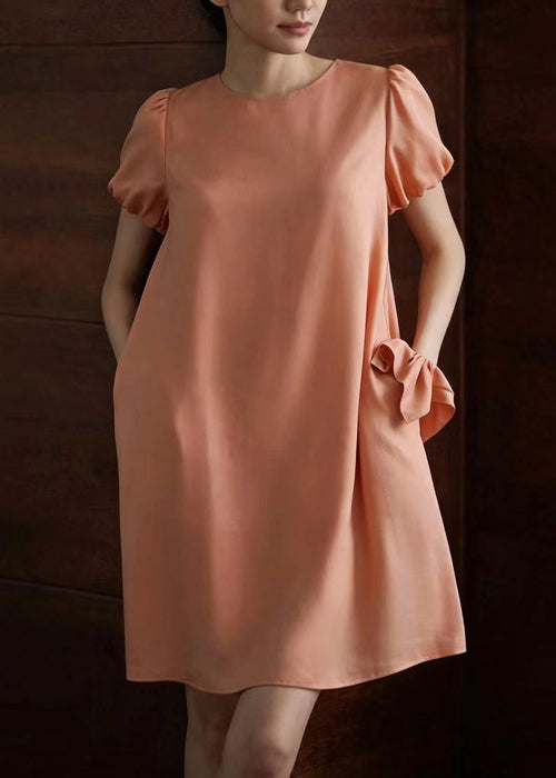 Casual Pink O-Neck Shift Dress Puff Sleeve