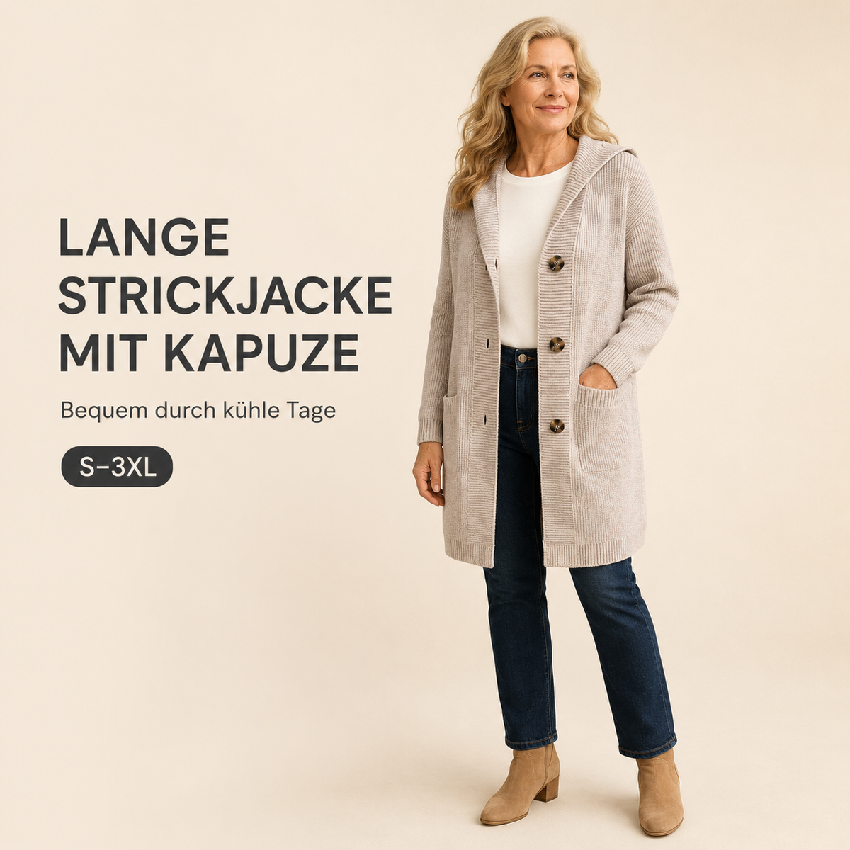 🌸Damen Strickjacke mit Kapuze und Knöpfen