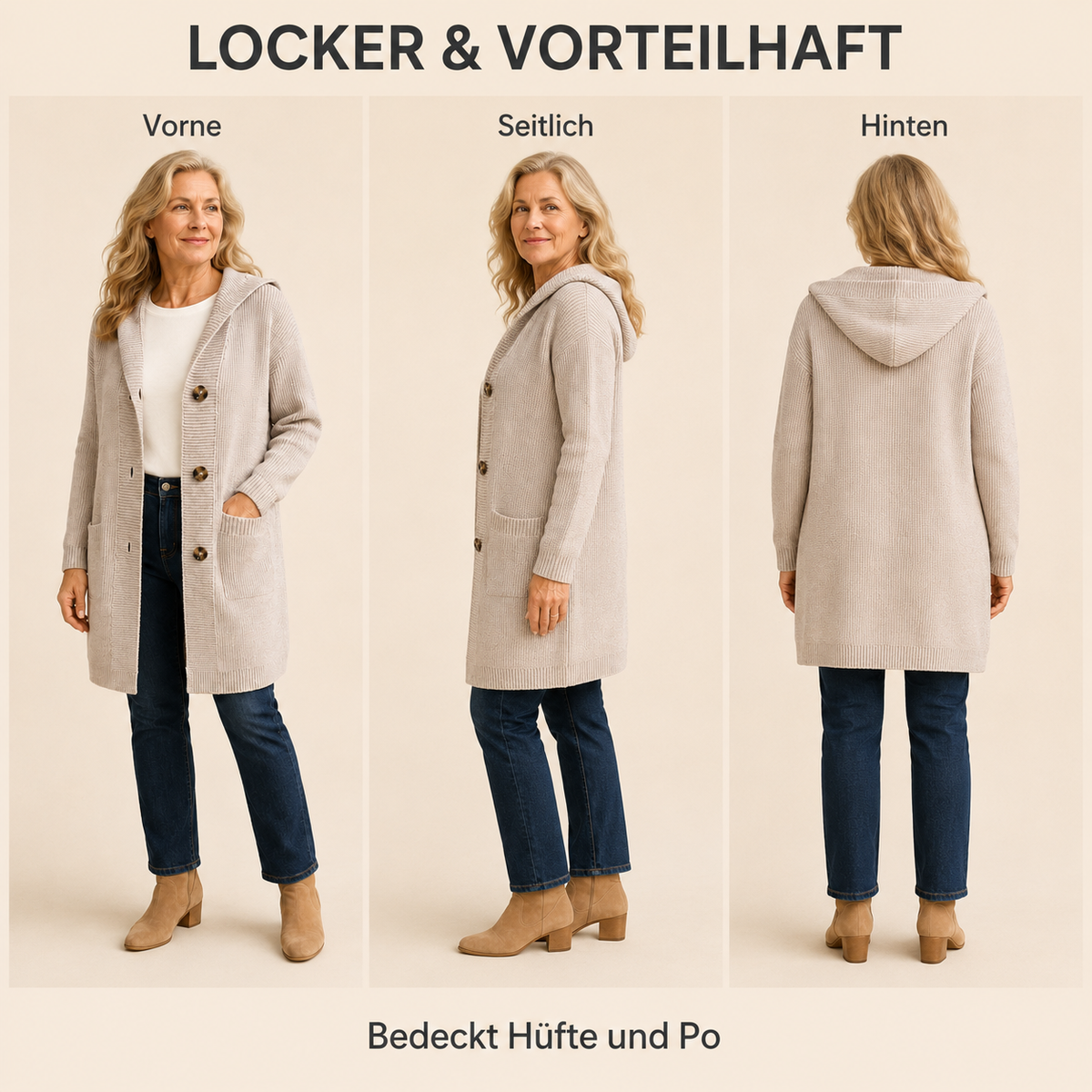 🌸Damen Strickjacke mit Kapuze und Knöpfen