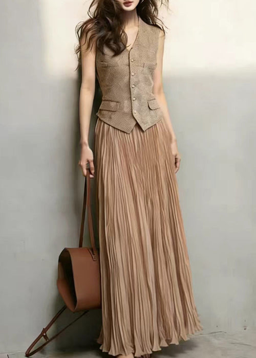 Classy Brown Waistcoat Top And Wrinkled Skirts Two Pieces Set Sleeveless