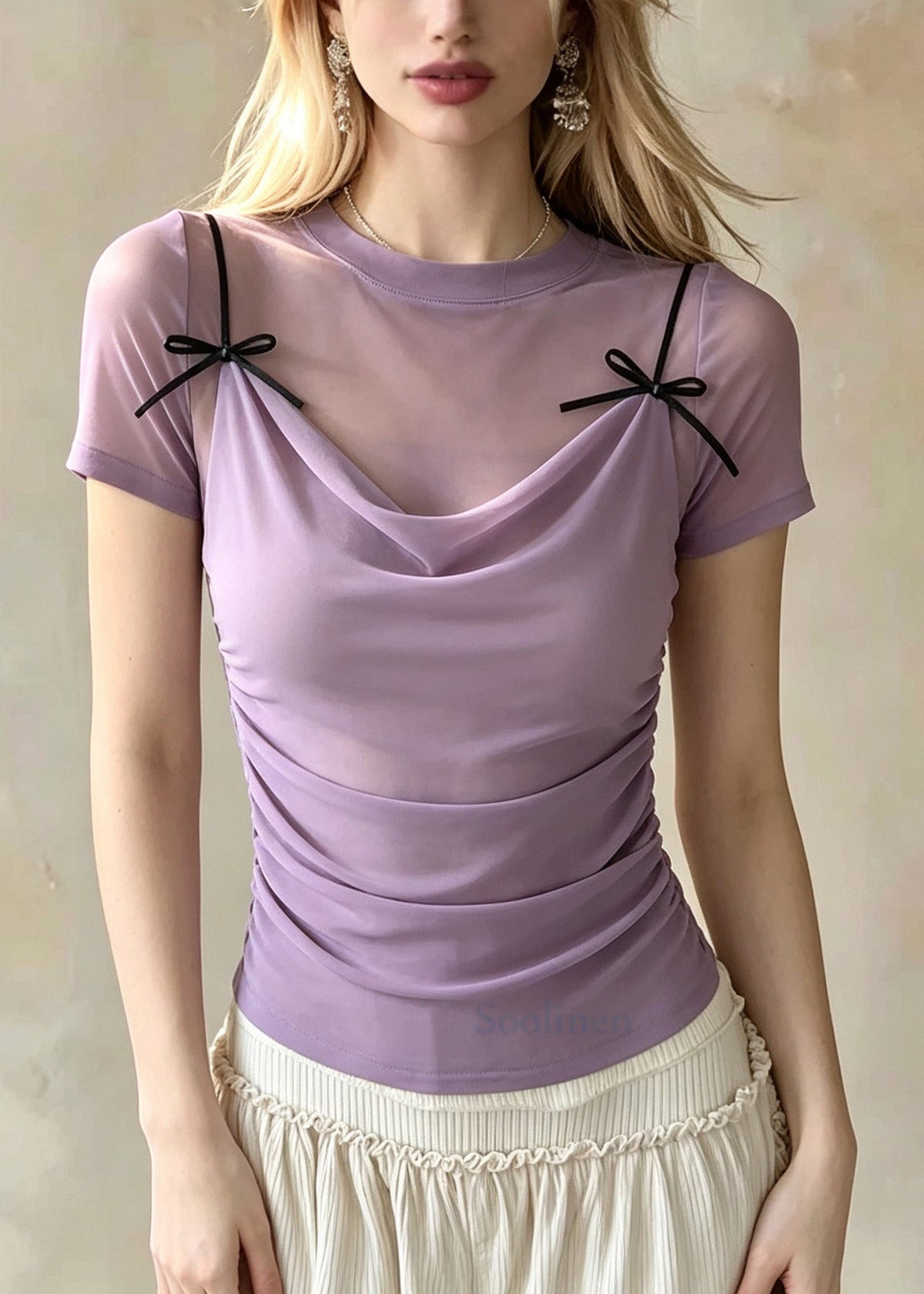 Classy Lavender Bow Patchwork Tulle Fake Two Piece Blouses Summer