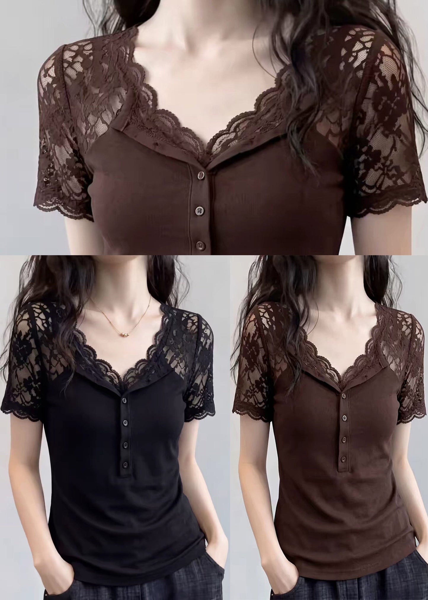 Coffee Patchwork Lace Top V Neck Short Sleeve