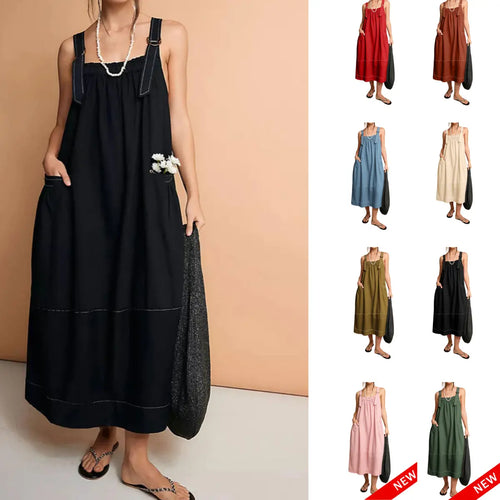 【End of Summer Sale】Women's Barrel Midi Dress Sleeveless Strappy Maxi Dress with Big Pockets