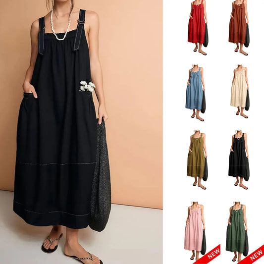【End of Summer Sale】Women's Barrel Midi Dress Sleeveless Strappy Maxi Dress with Big Pockets