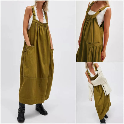 【End of Summer Sale】Women's Barrel Midi Dress Sleeveless Strappy Maxi Dress with Big Pockets