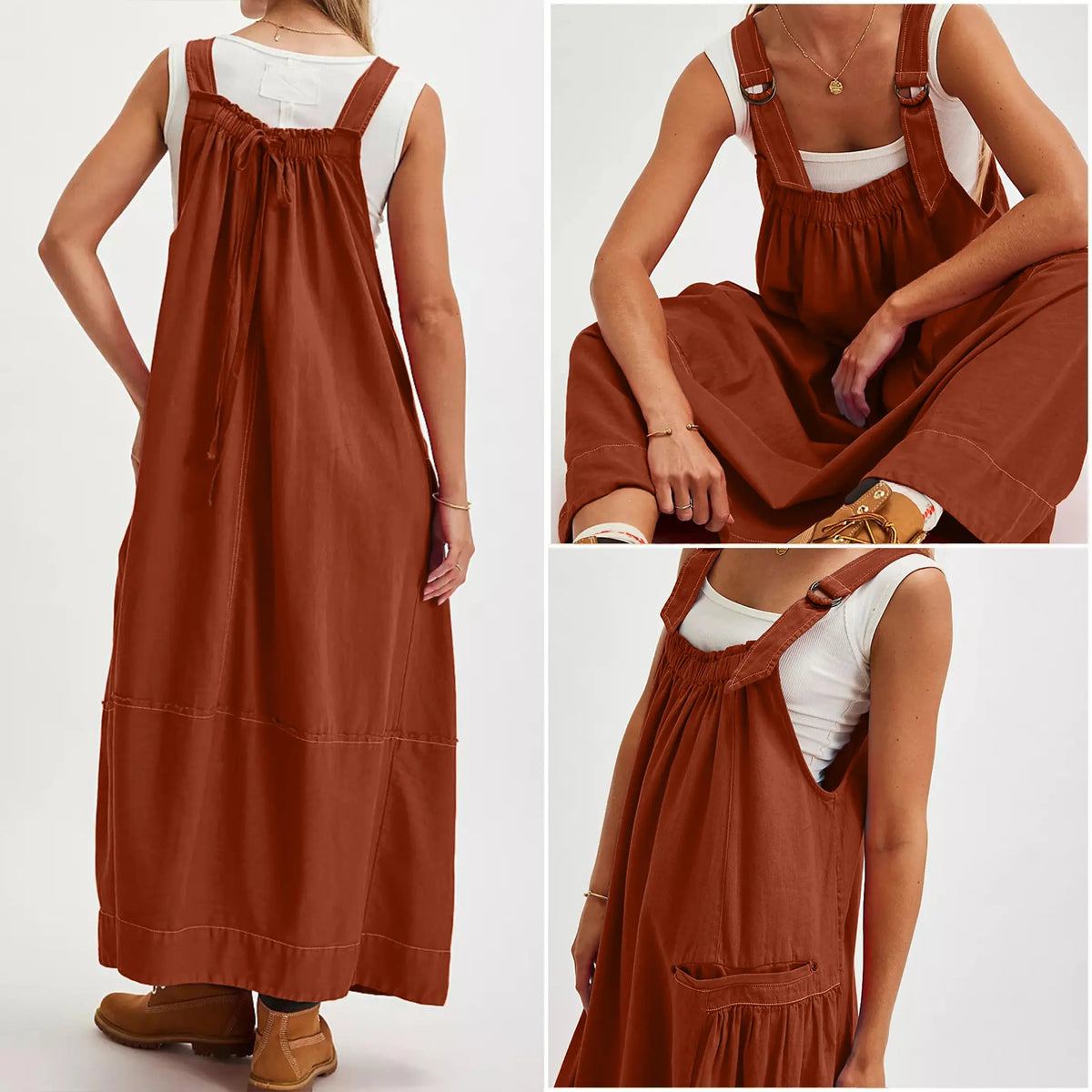 【End of Summer Sale】Women's Barrel Midi Dress Sleeveless Strappy Maxi Dress with Big Pockets