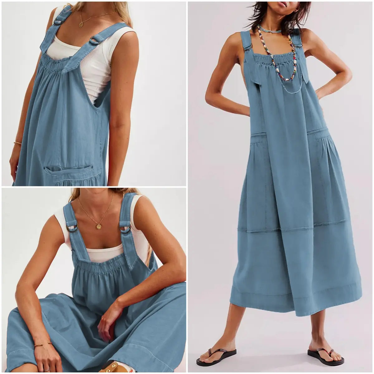 【End of Summer Sale】Women's Barrel Midi Dress Sleeveless Strappy Maxi Dress with Big Pockets
