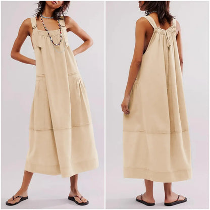 【End of Summer Sale】Women's Barrel Midi Dress Sleeveless Strappy Maxi Dress with Big Pockets