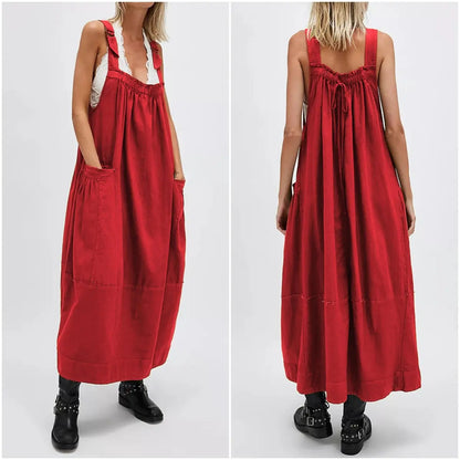 【End of Summer Sale】Women's Barrel Midi Dress Sleeveless Strappy Maxi Dress with Big Pockets