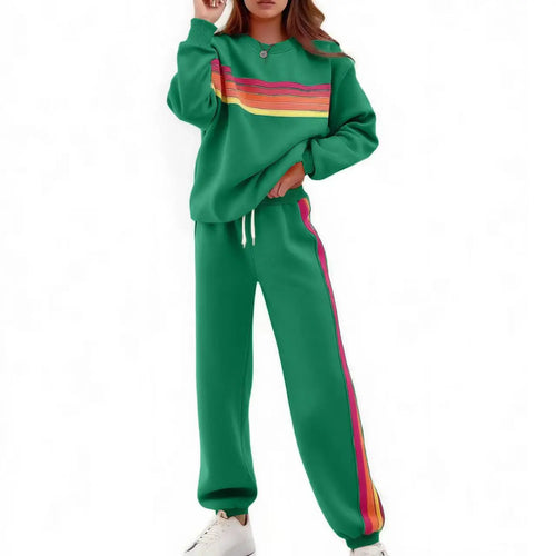 Women’s 2-Piece Loose-Fit Sweatshirt Set – Retro Rainbow Stripe Crewneck Sweatshirt & Casual Track Pants