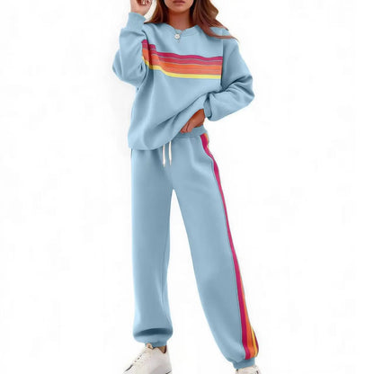 Women’s 2-Piece Loose-Fit Sweatshirt Set – Retro Rainbow Stripe Crewneck Sweatshirt & Casual Track Pants
