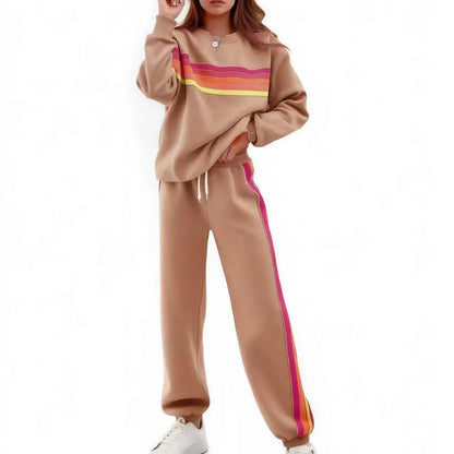 Women’s 2-Piece Loose-Fit Sweatshirt Set – Retro Rainbow Stripe Crewneck Sweatshirt & Casual Track Pants