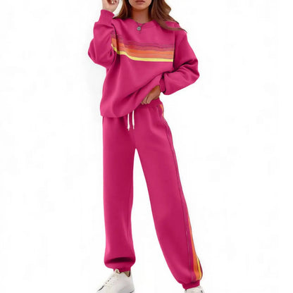 Women’s 2-Piece Loose-Fit Sweatshirt Set – Retro Rainbow Stripe Crewneck Sweatshirt & Casual Track Pants