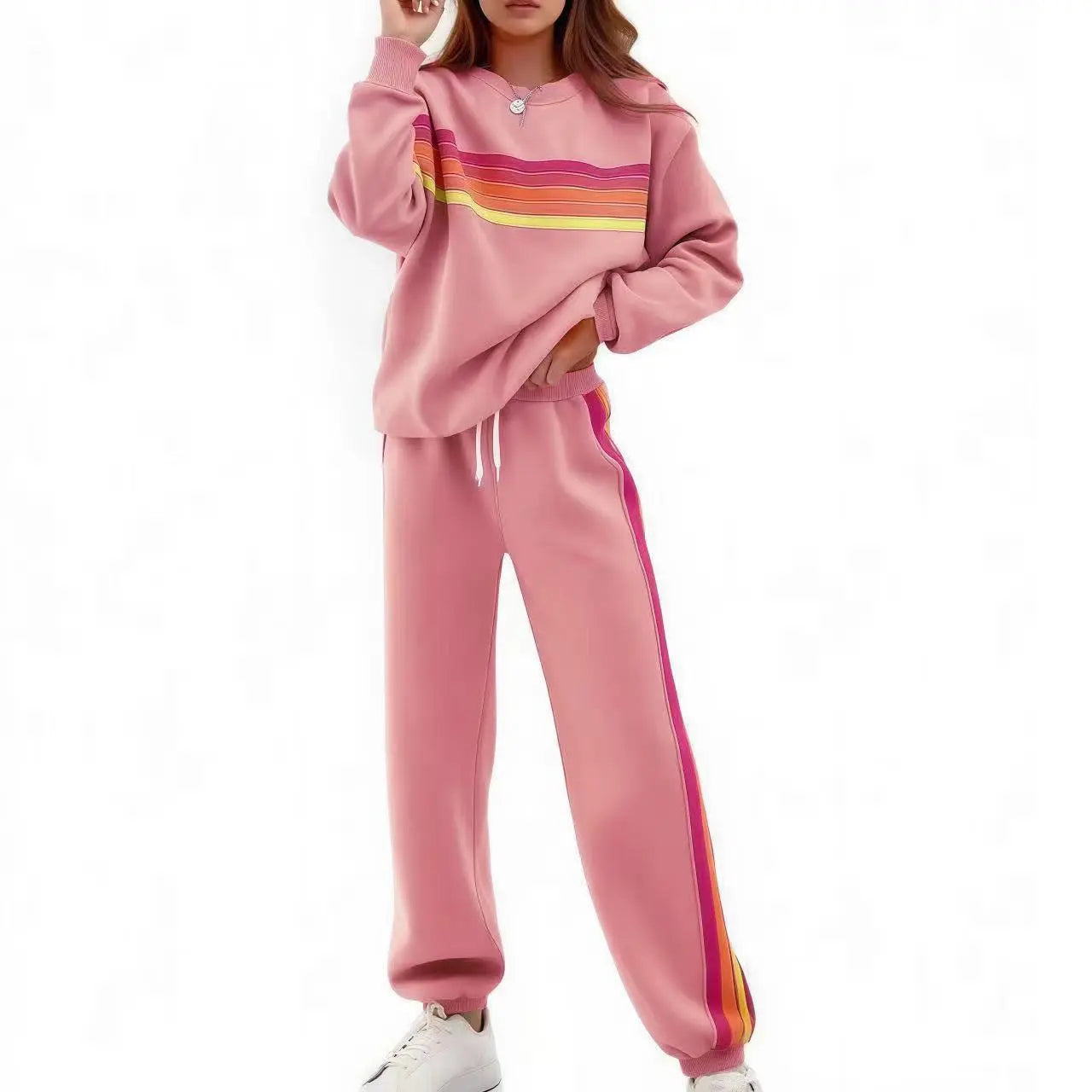 Women’s 2-Piece Loose-Fit Sweatshirt Set – Retro Rainbow Stripe Crewneck Sweatshirt & Casual Track Pants