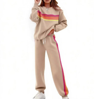 Women’s 2-Piece Loose-Fit Sweatshirt Set – Retro Rainbow Stripe Crewneck Sweatshirt & Casual Track Pants
