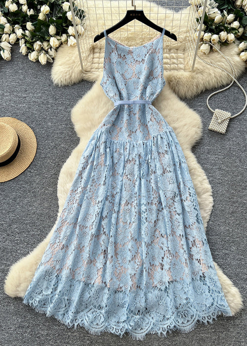 Elegant Blue Tunic Exra Large Hem Lace Spaghetti Strap Dress Summer