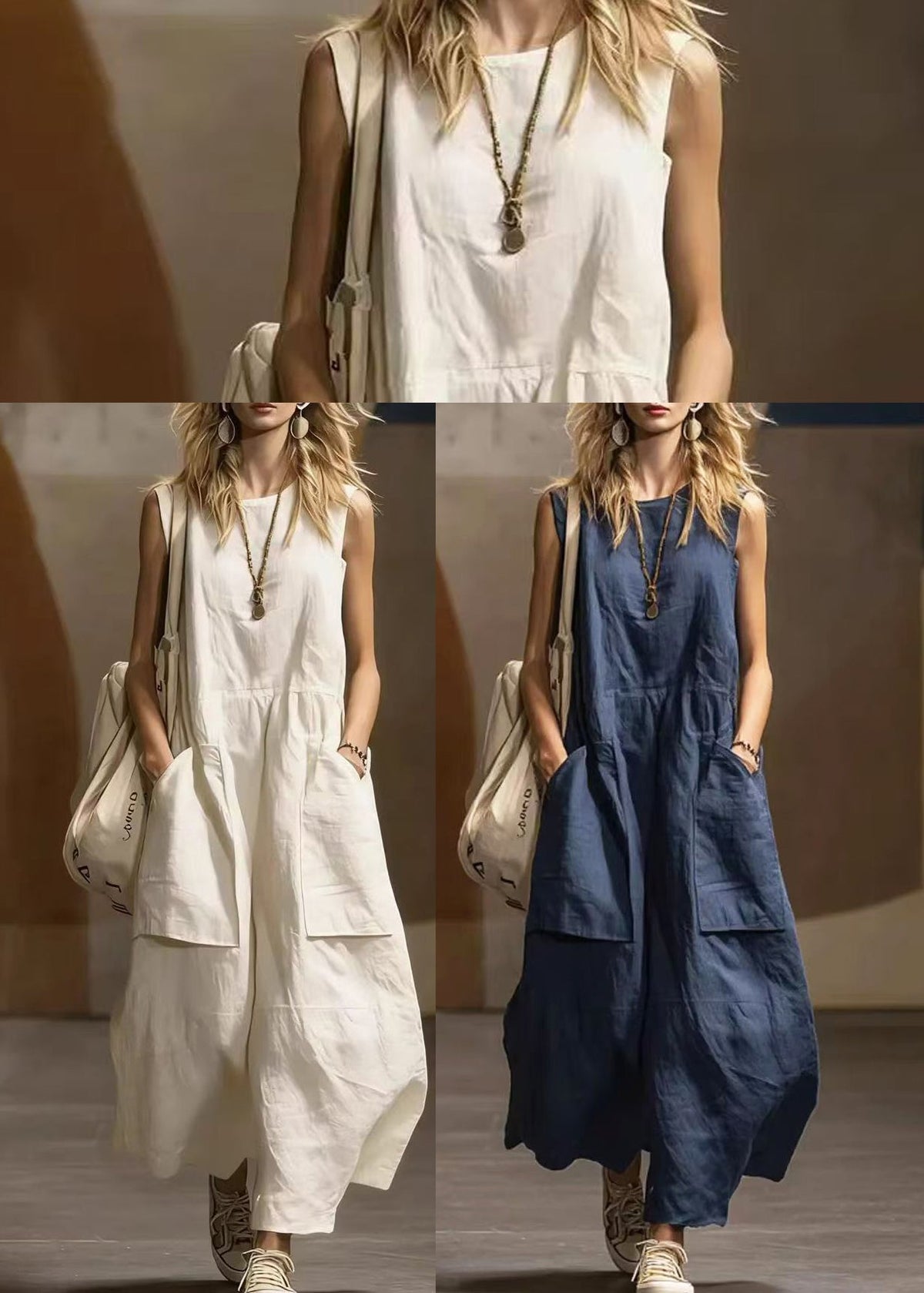 Loose Navy O-Neck Pockets Cotton Dresses Sleeveless