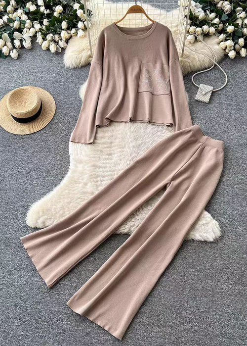 Modern Khaki Oversized Patchwork Pocket Knit Two Pieces Set Fall