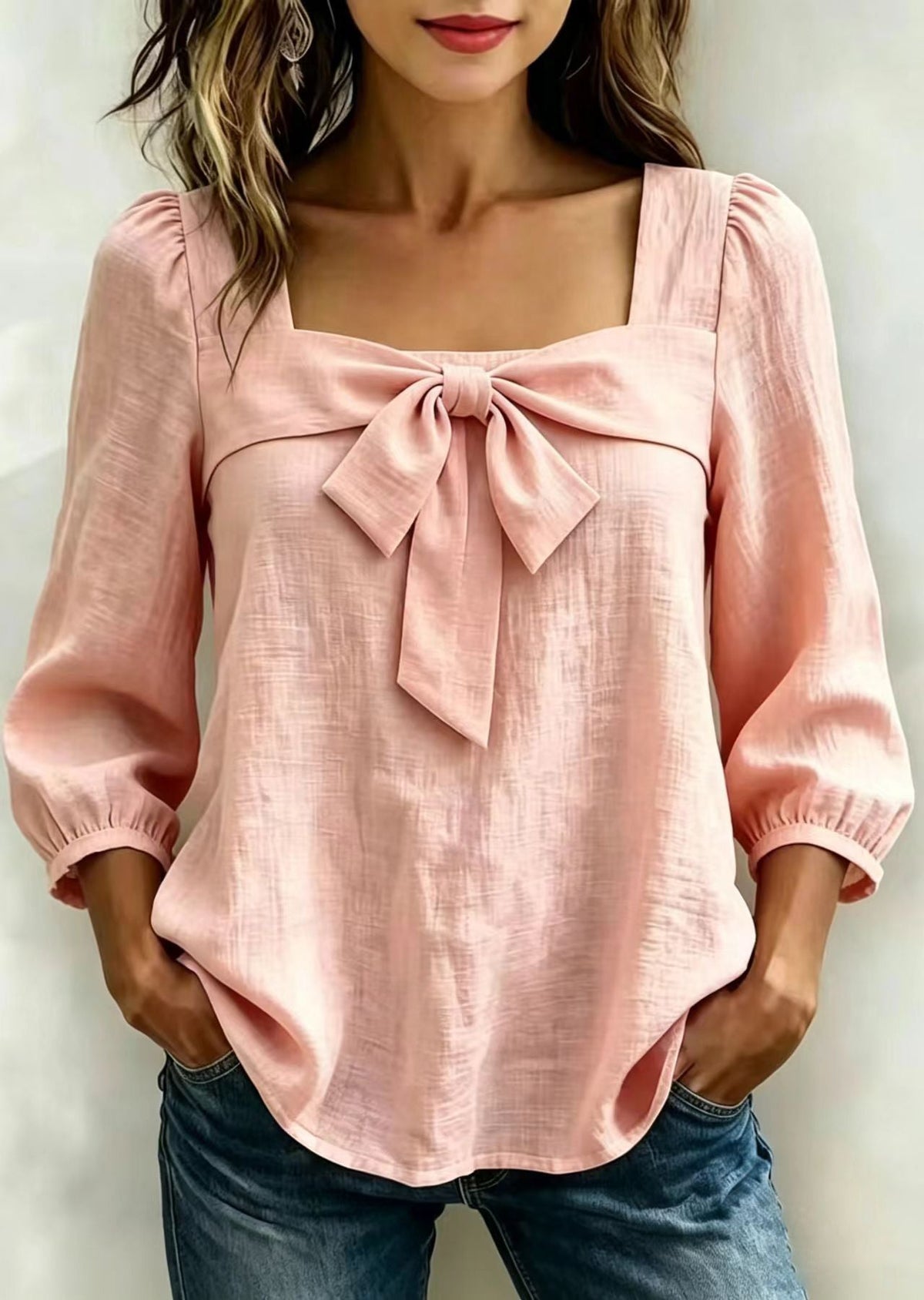 Pink Cotton Shirts Bow Square Collar Long Sleeve