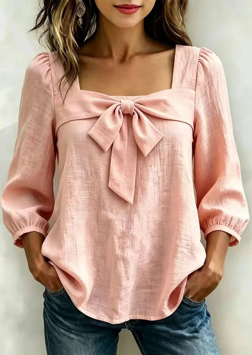 Pink Cotton Shirts Bow Square Collar Long Sleeve