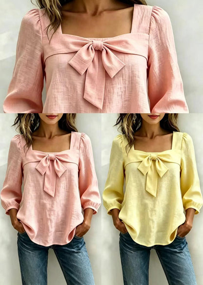 Pink Cotton Shirts Bow Square Collar Long Sleeve
